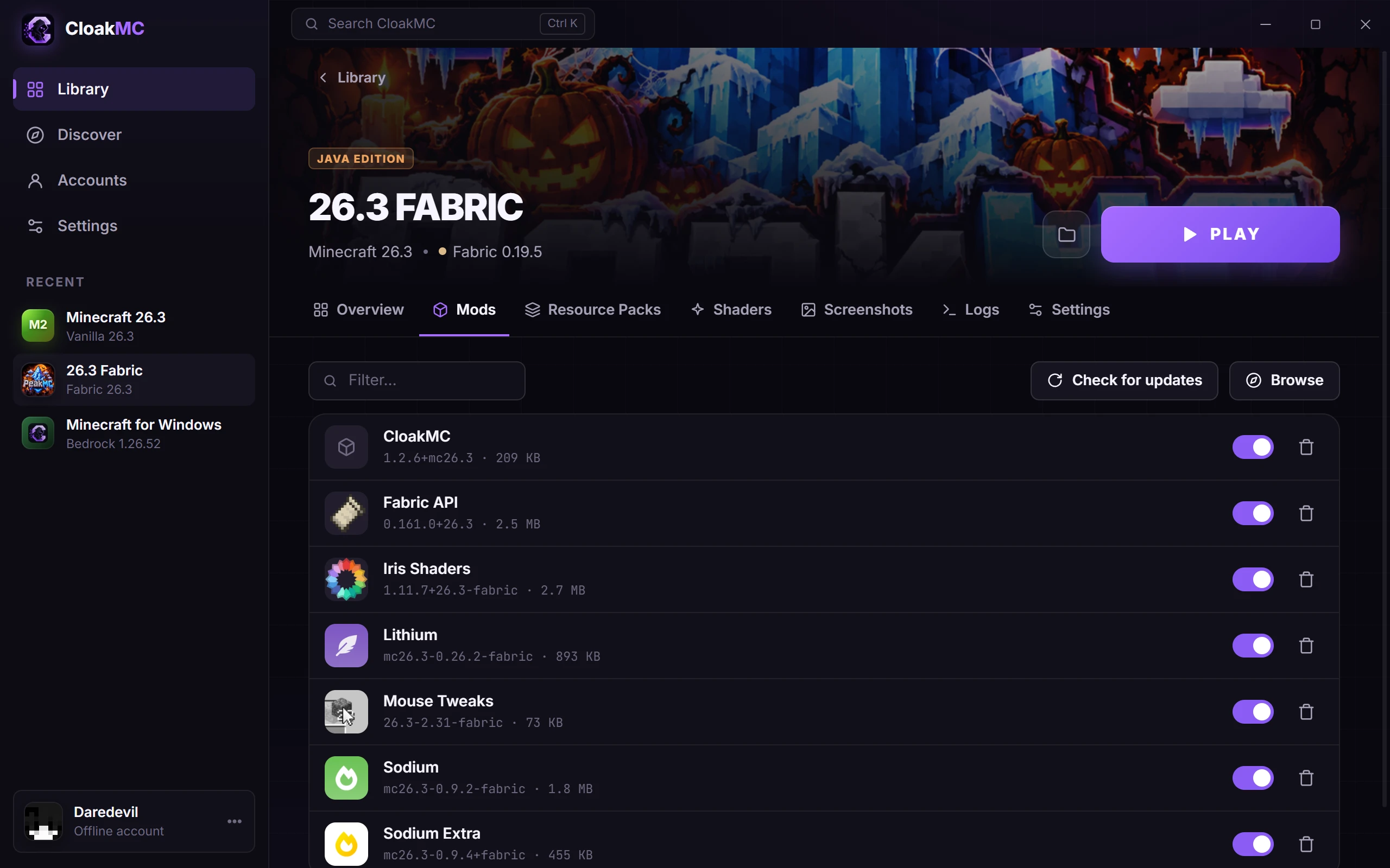 Installed mods list with toggles